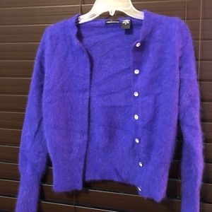 Purple fuzzy sweater with rhinestone buttons